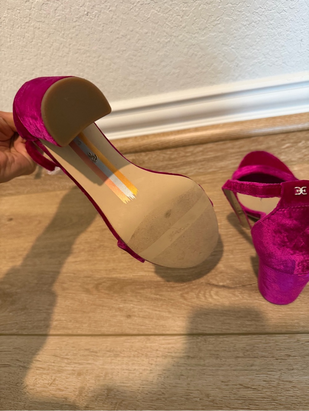 Sam Edelman Fuchsia Velvet Ankle-Strap Block Heels - Picture 5 of 5